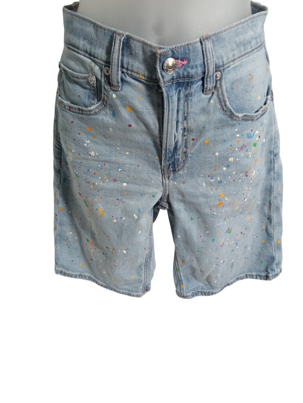 American Eagle Paint Splatter Denim Shorts Jorts Light Wash Distressed Hem Sz 2